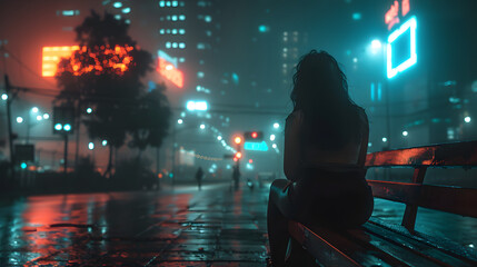 A solitary woman sits on a bench on a foggy night, street lights cast a warm glow on a wet road - obrazy, fototapety, plakaty
