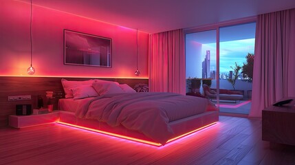 A stylish bedroom with neon pink under-bed lighting and minimalist decor