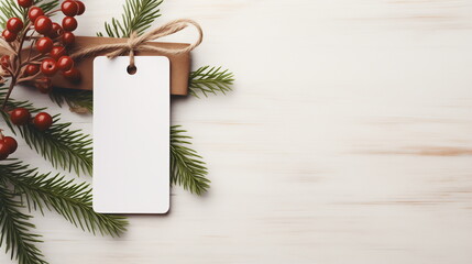 Holiday gift tag with holly berries on a white wooden background. Christmas mockup concept with copy space.