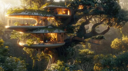 A treehouse integrated within a giant, ancient tree, using advanced bio-synthesis