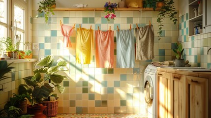 A vintage-inspired laundry room with a clothesline and colorful ceramic tiles