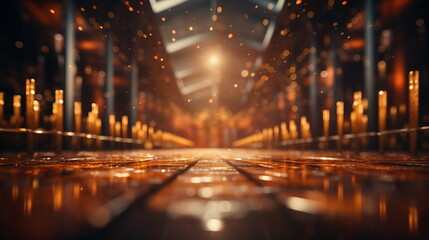 Golden light illuminated path with candles on both sides leading to a stage, bokeh and lens flare, warm atmosphere for event or award ceremony concept. - obrazy, fototapety, plakaty