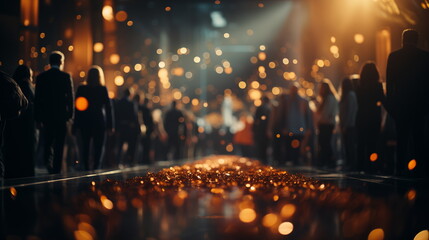 Golden bokeh lights and silhouettes of people at event venue with reflective floor. Elegant gala night concept. - obrazy, fototapety, plakaty