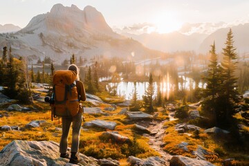 A backpacker enjoys a sunrise over a serene mountain lake surrounded by pine trees and rocky peaks.