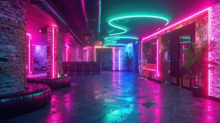 An underground nightclub with vibrant neon green and pink lights