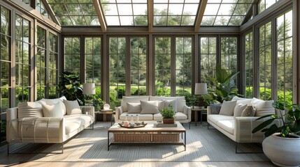 Bright and airy sunroom with comfortable seating and panoramic windows - obrazy, fototapety, plakaty