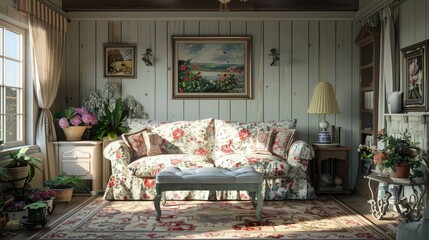 Charming and quaint cottage living room with floral patterns and soft colors