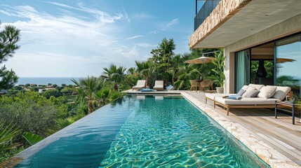 Elegant outdoor terrace with infinity pool and lounge area