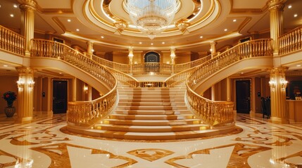 Obraz premium Grand gold staircase in a double-height entry hall