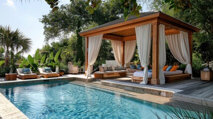 Lavish poolside cabana with daybeds and cocktail service