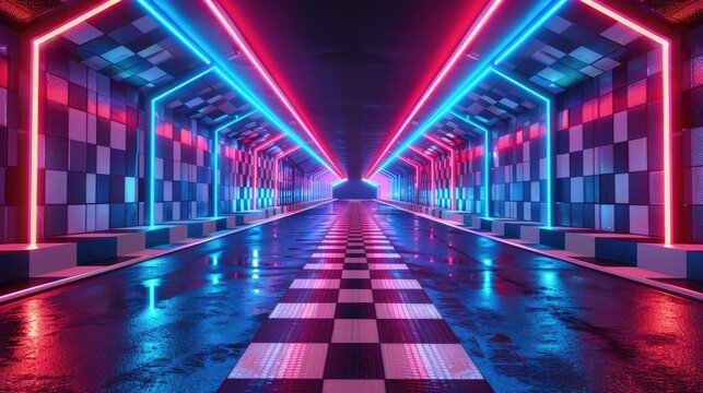 Exhilarating race track room with neon starting lines and checkered flags