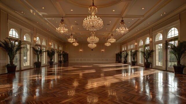 Grand ballroom with crystal chandeliers and dance floor