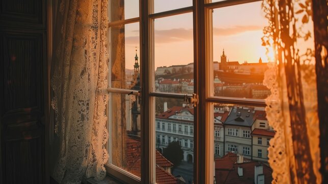 Window view of beautiful historical buildings of Prague city in Czech Republic in Europe.