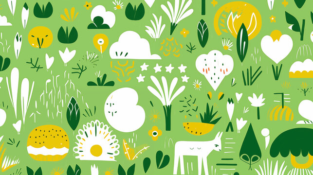 Cartoon Illustration of a Vibrant Green Nature Pattern with Animals and Plants