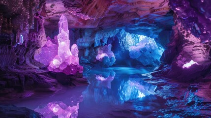 Mystical crystal cave with neon geodes and reflective surfaces - obrazy, fototapety, plakaty