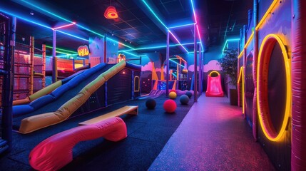 Neon jungle gym with colorful lighting and fun obstacle courses - obrazy, fototapety, plakaty