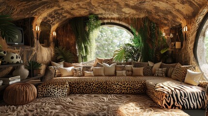 Safari themed den with animal prints and natural textures - obrazy, fototapety, plakaty