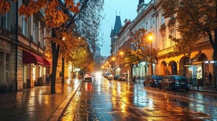 Autumn foliage with street and beautiful historical buildings of Prague city in Czech Republic in Europe. - obrazy, fototapety, plakaty