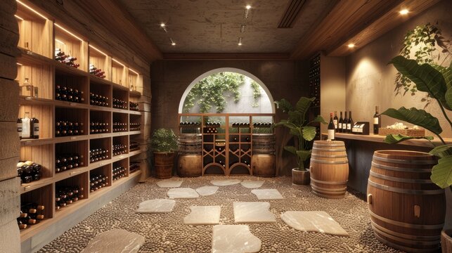 Sophisticated wine cellar with wooden racks and stone flooring