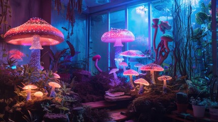 A bioluminescent home with natural lighting from glowing plants and fungi