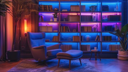 A cozy reading nook with soft neon indigo lighting and comfortable armchair - obrazy, fototapety, plakaty