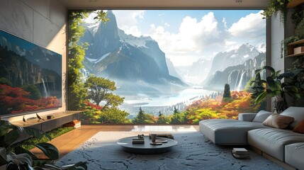 A digital window displaying live, customizable views of nature or cities in a futuristic living...