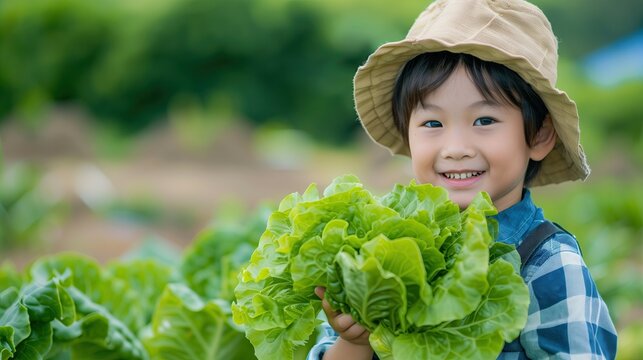 a young child in farmer's clothing holding up lettuce  with vegetable farm, in the style of joyful of nature.