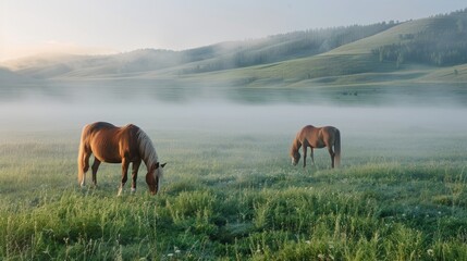 Obraz premium In the morning on the grassland grazing horses, with light dust, scenery
