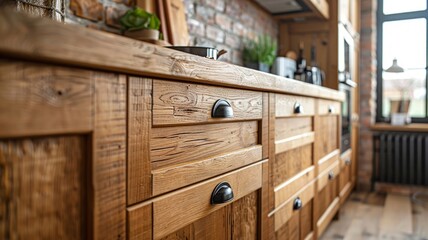 Close-up of rustic wooden cabinetry adding warmth to a modern kitchen interior