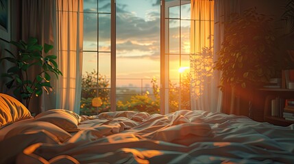 An automatic curtain opener with sunrise simulation in a bedroom - obrazy, fototapety, plakaty