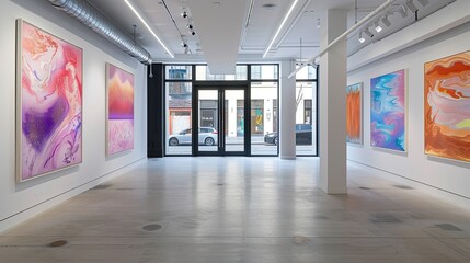Bright and airy art gallery with subtle neon highlights