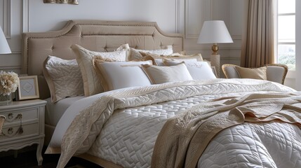 Luxurious gold and ivory bedding in a serene bedroom