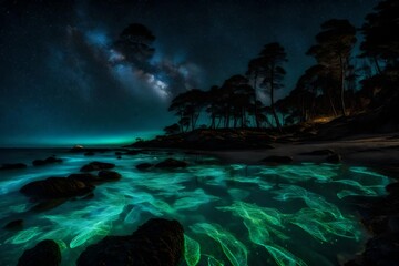 A mesmerizing display of bioluminescent plankton illuminating the water's edge, creating a surreal and magical scene.