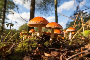 Fresh organic forest mushrooms for foraging and cooking in natural woodland habitat