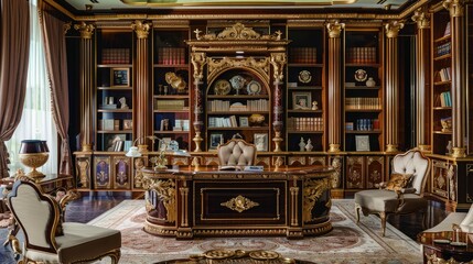 Obraz premium Sophisticated office with gold-trimmed furniture and rich mahogany bookcases