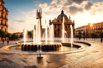 A city square adorned with sparkling fountains and surrounded by historical monuments.