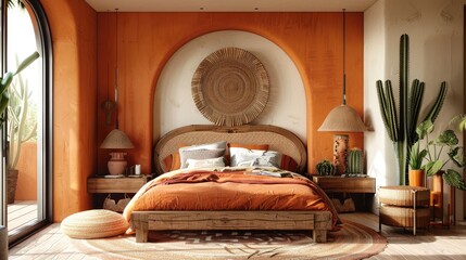 Southwestern themed bedroom with terracotta colors and cactus plants