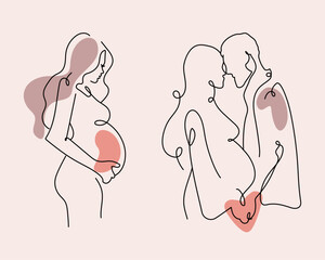 One line art, outline couple kissing, pregnant woman, family in waiting. father and mother holding each other hand.