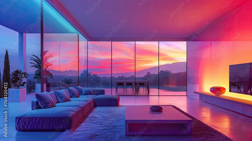 Poster A minimalist cube house with walls that change color based on mood