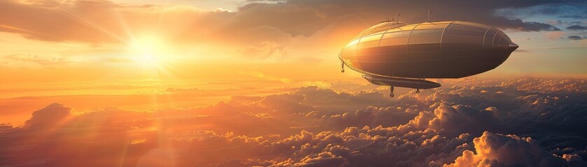 Airship gliding at sunset, golden sun rays, soft clouds, side view, steampunk fantasy style - obrazy, fototapety, plakaty
