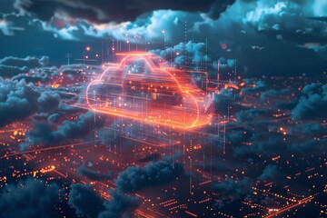 Cloud computing revolution, glowing cloud icon, data waves, night view, epicenter of technology