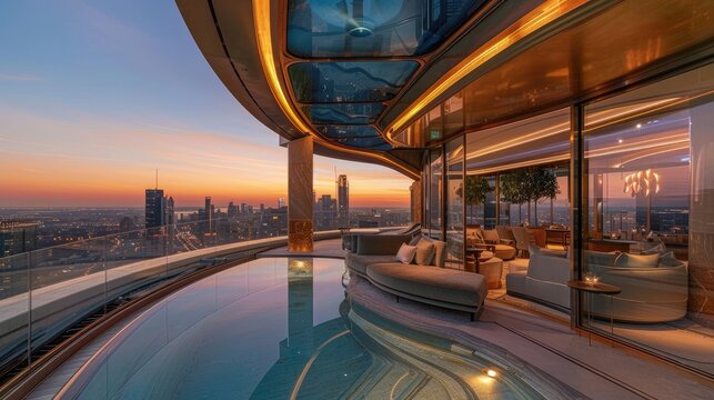 A luxury penthouse with a 360-degree skyline view and a retractable glass ceiling