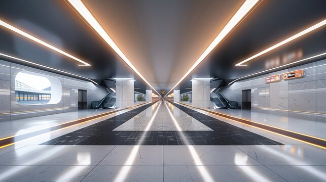 A modern train station lobby with neon directional signs and sleek architecture