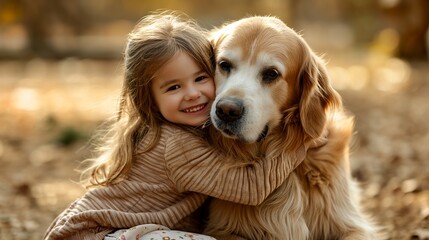 A tender moment as a young girl embraces her golden retriever, both sharing a joyous connection