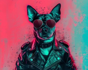 Illustration of a dog with an attitude, leather jacket and sunglasses, pink and turquoise fantasy setting