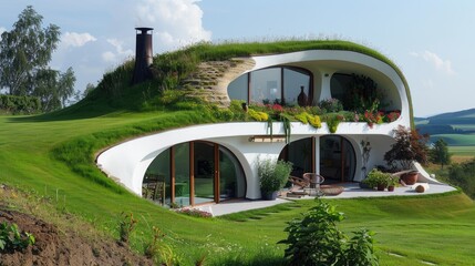 An eco-friendly hobbit-like hill house with grass and flowers on the roof