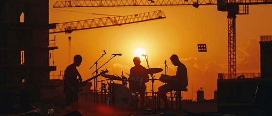 Sunset jam session, engineering team unwinding with music amid unfinished structures
