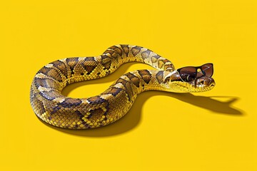 Trendy snake illustration, basking in sunglasses on a bright yellow background