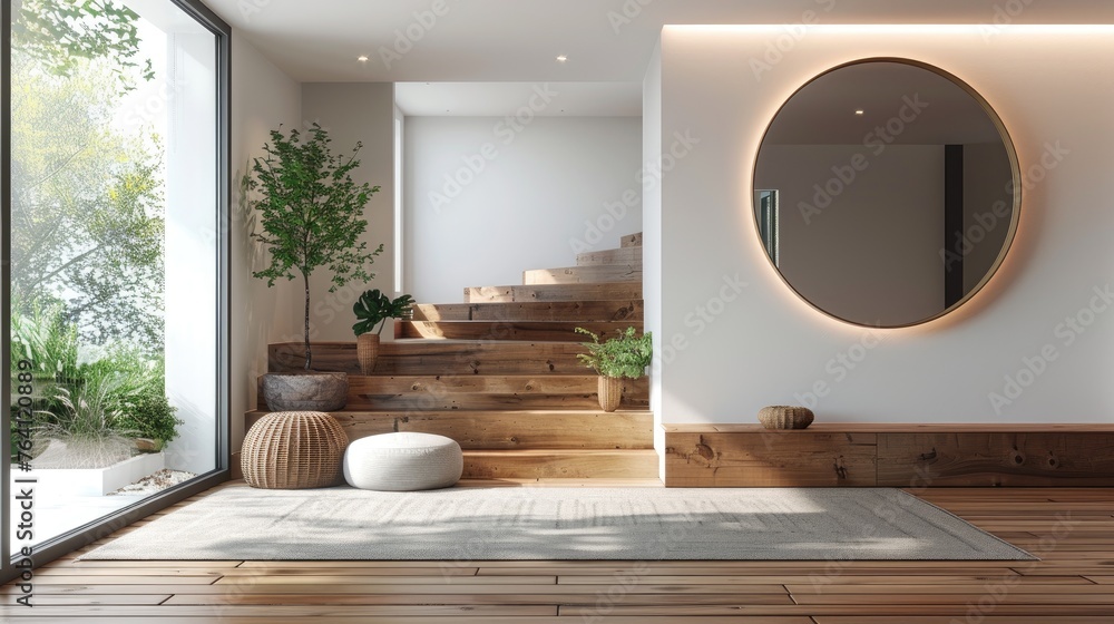 Poster Modern minimalist entryway with a statement mirror and clean lines