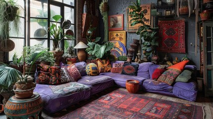 Eclectic collector's living room with unique artifacts and bold patterns